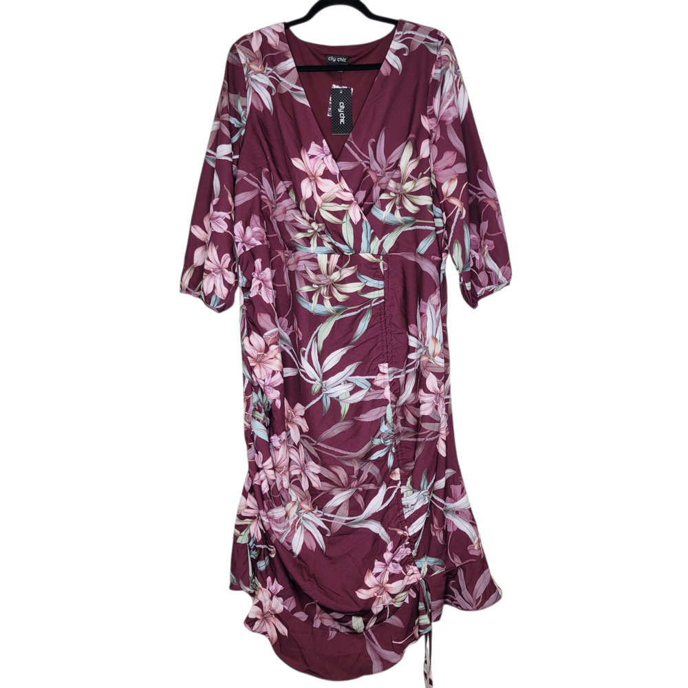 City Chic Dress Plus Sz 18 Winter Lily Floral Faux Wrap 3/4 Sleeve Midi Feminine - Picture 2 of 12